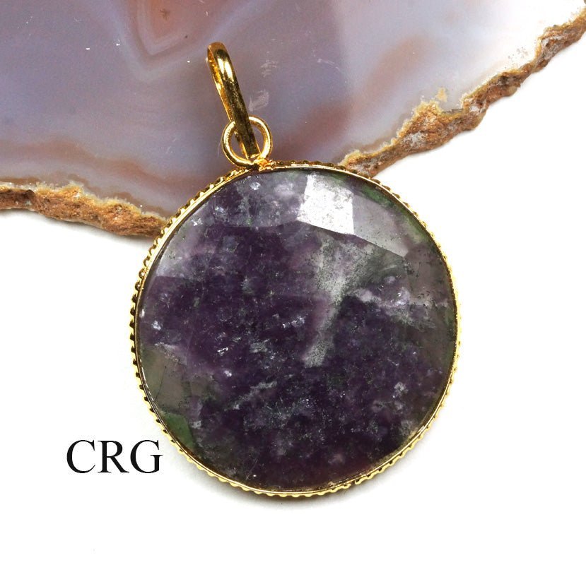 Lepidolite Faceted Round Pendant with Gold Plating (1 Piece) Size 1.5 Inches (INJD)