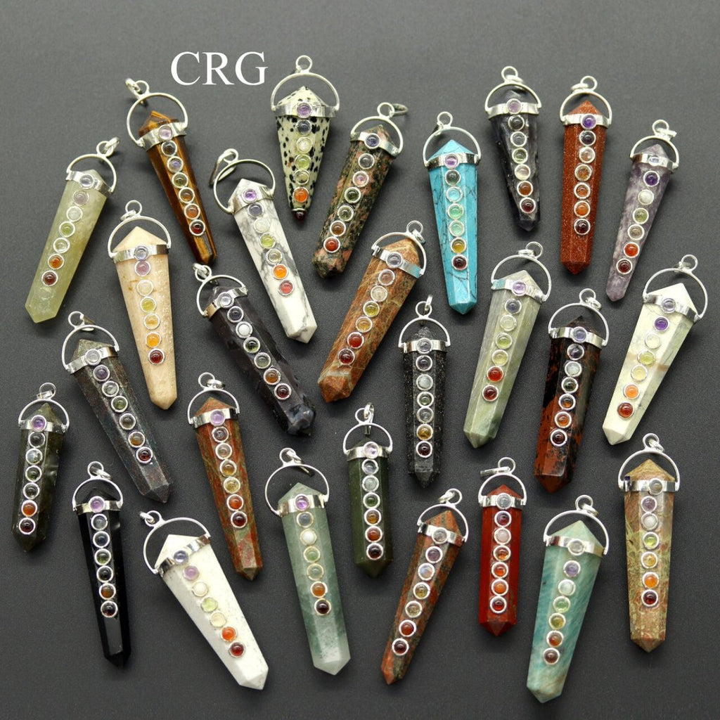 Mixed Gemstone Obelisk Double Point Pendants with 7 Stone Detail (4 Pieces) (2 Inches) (INJD)
