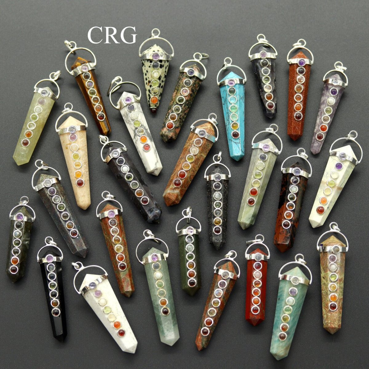 Mixed Gemstone Obelisk Double Point Pendants with 7 Stone Detail (4 Pieces) (2 Inches) (INJD)