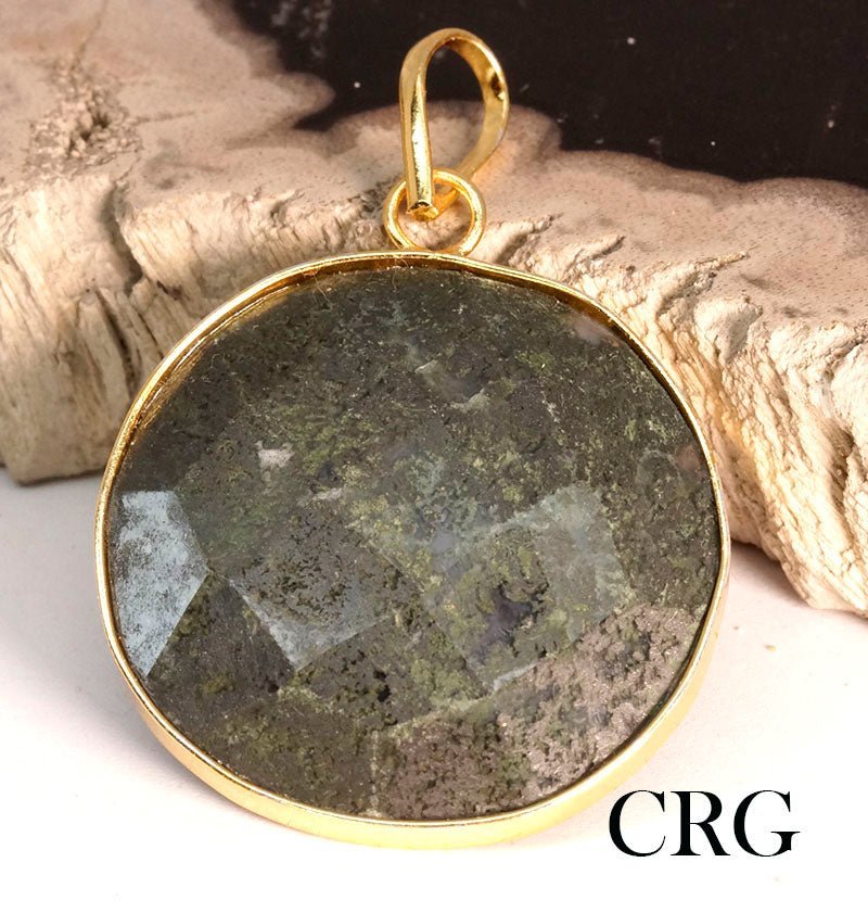 Moss Agate Faceted Round Pendant with Gold Plating (1 To 1.5 Inches) (1 Piece) (INJD)