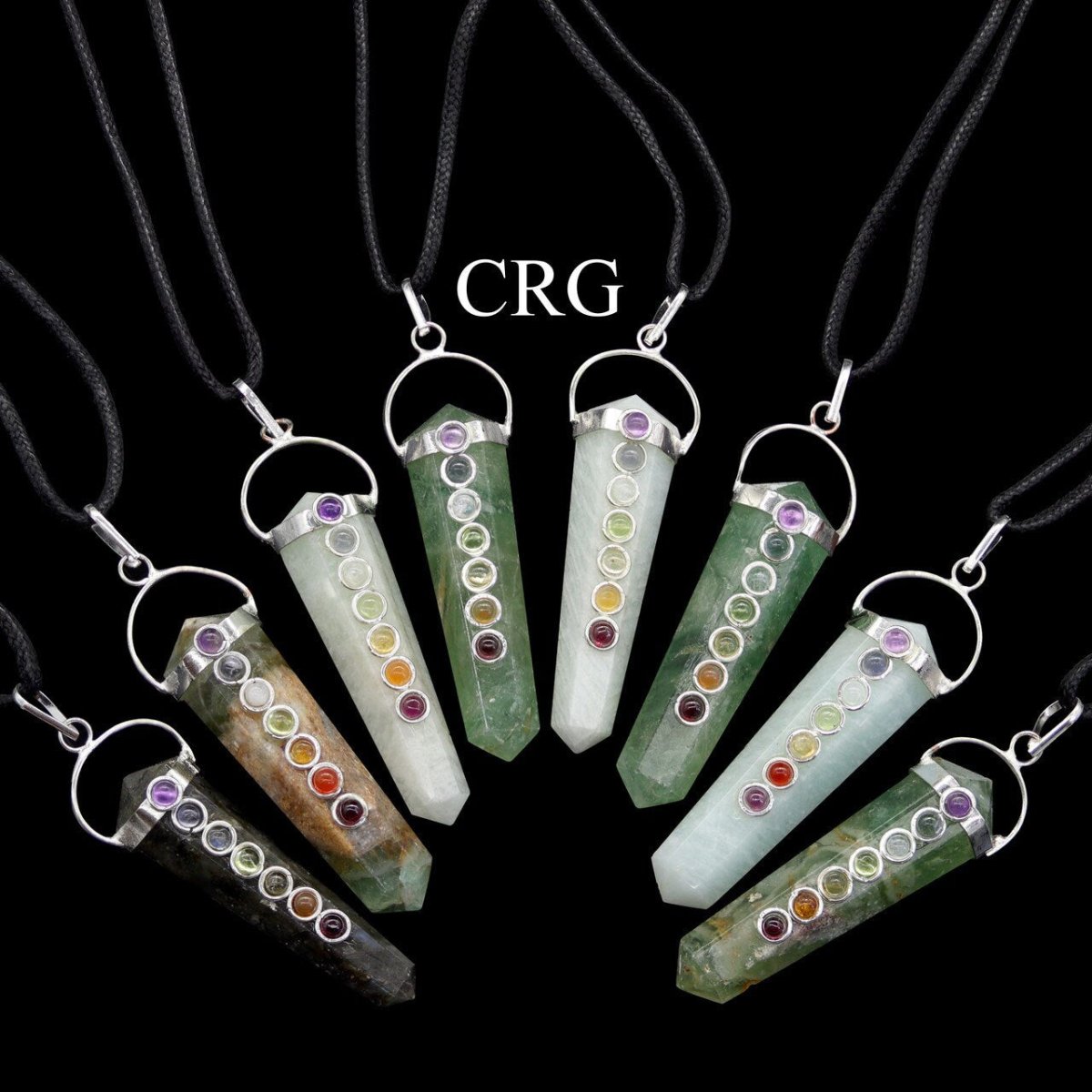 Obelisk Double Point Silver Plated Pendants with 7 Stone Detail and Black Cord (4 Pieces) Size 2 Inches (INJD)