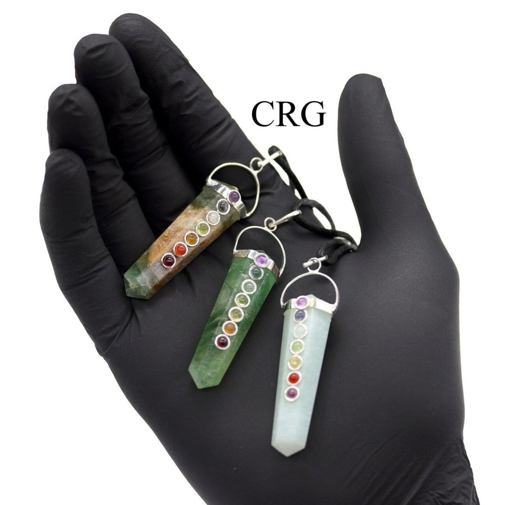 Obelisk Double Point Silver Plated Pendants with 7 Stone Detail and Black Cord (4 Pieces) Size 2 Inches (INJD)