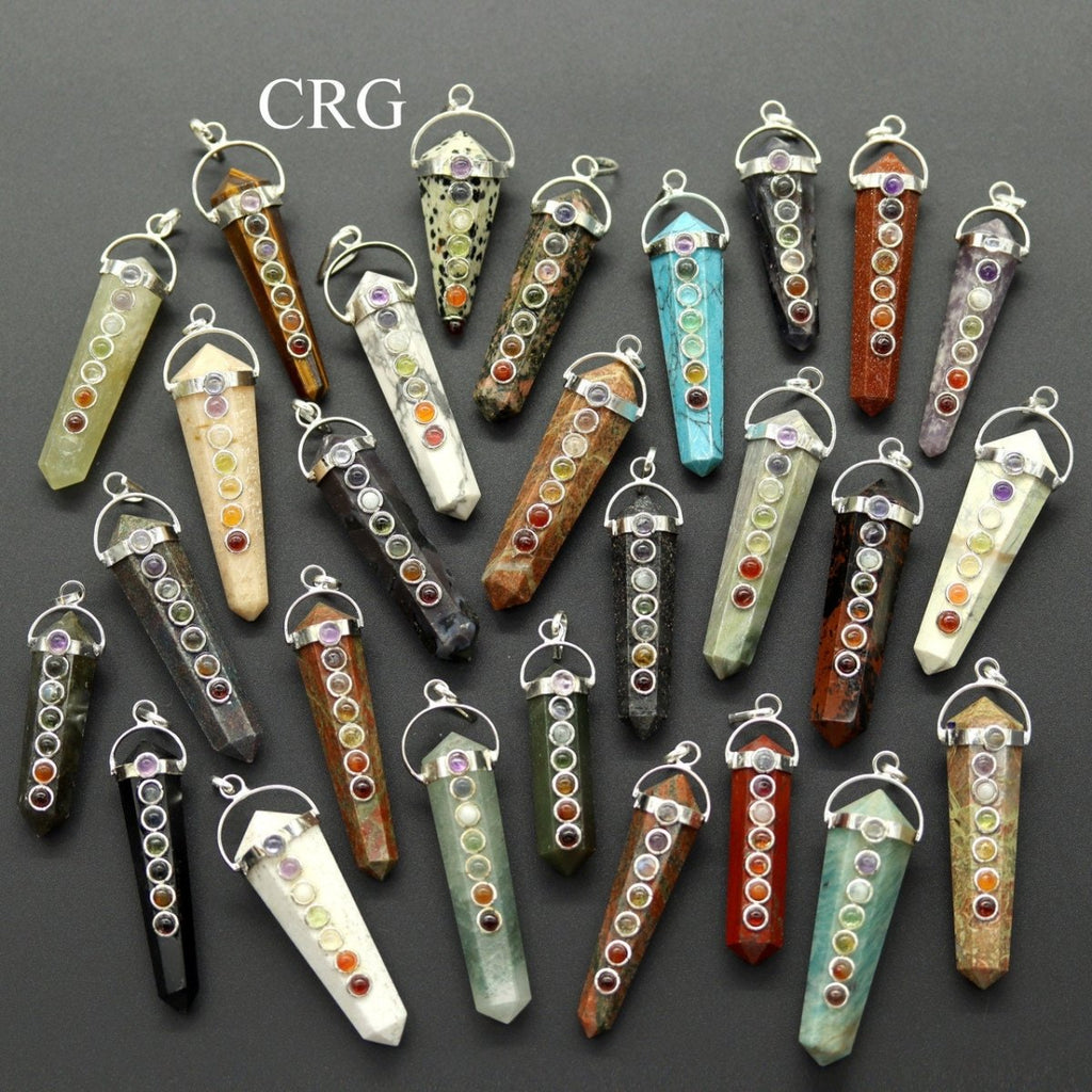 Obelisk Double Point Silver Plated Pendants with 7 Stone Detail and Black Cord (4 Pieces) Size 2 Inches (INJD)