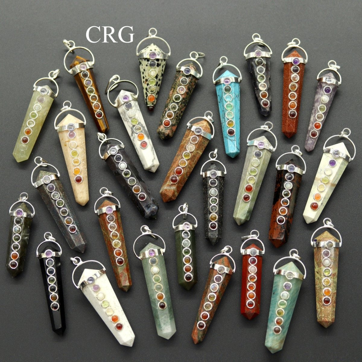 Obelisk Double Point Silver Plated Pendants with 7 Stone Detail and Black Cord (4 Pieces) Size 2 Inches (INJD)