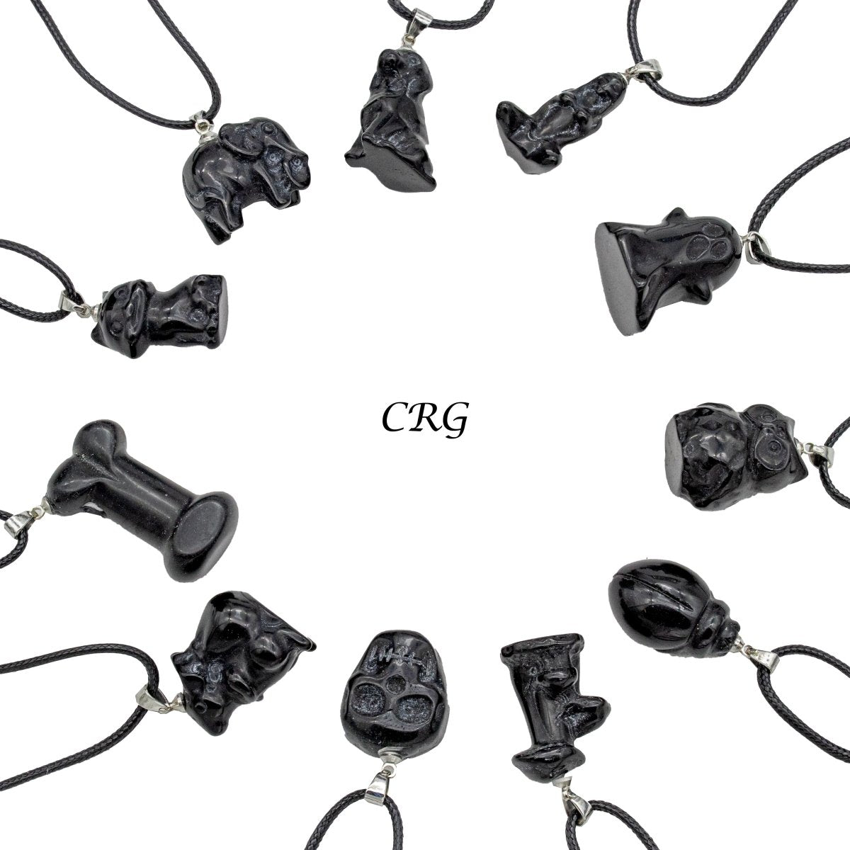 Obsidian Figurine Necklaces on Black Cord (10 Inches) (3 Pieces)