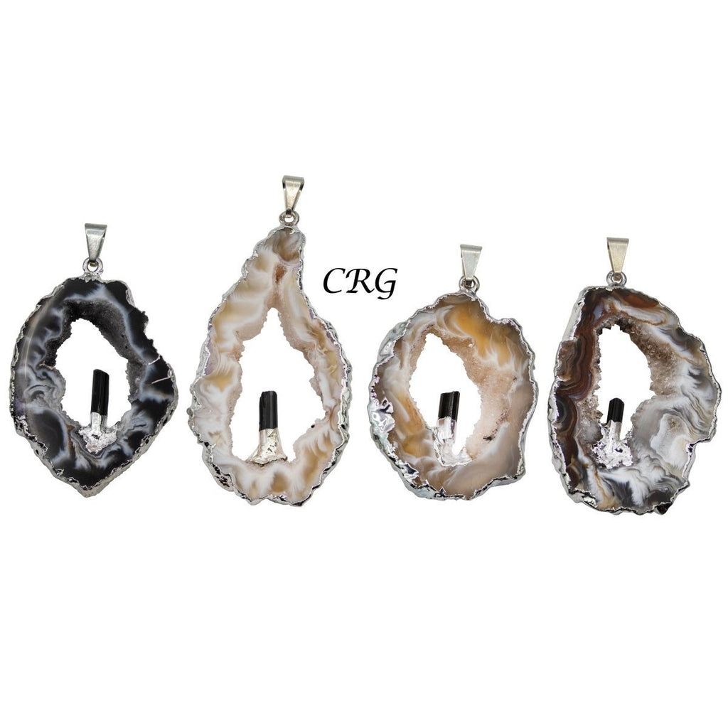 Oco Geode and Black Tourmaline Pendant with Silver Plating (1.5 To 2 Inches) (4 Pieces)