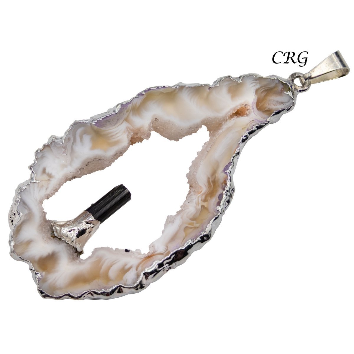 Oco Geode and Black Tourmaline Pendant with Silver Plating (1.5 To 2 Inches) (4 Pieces)