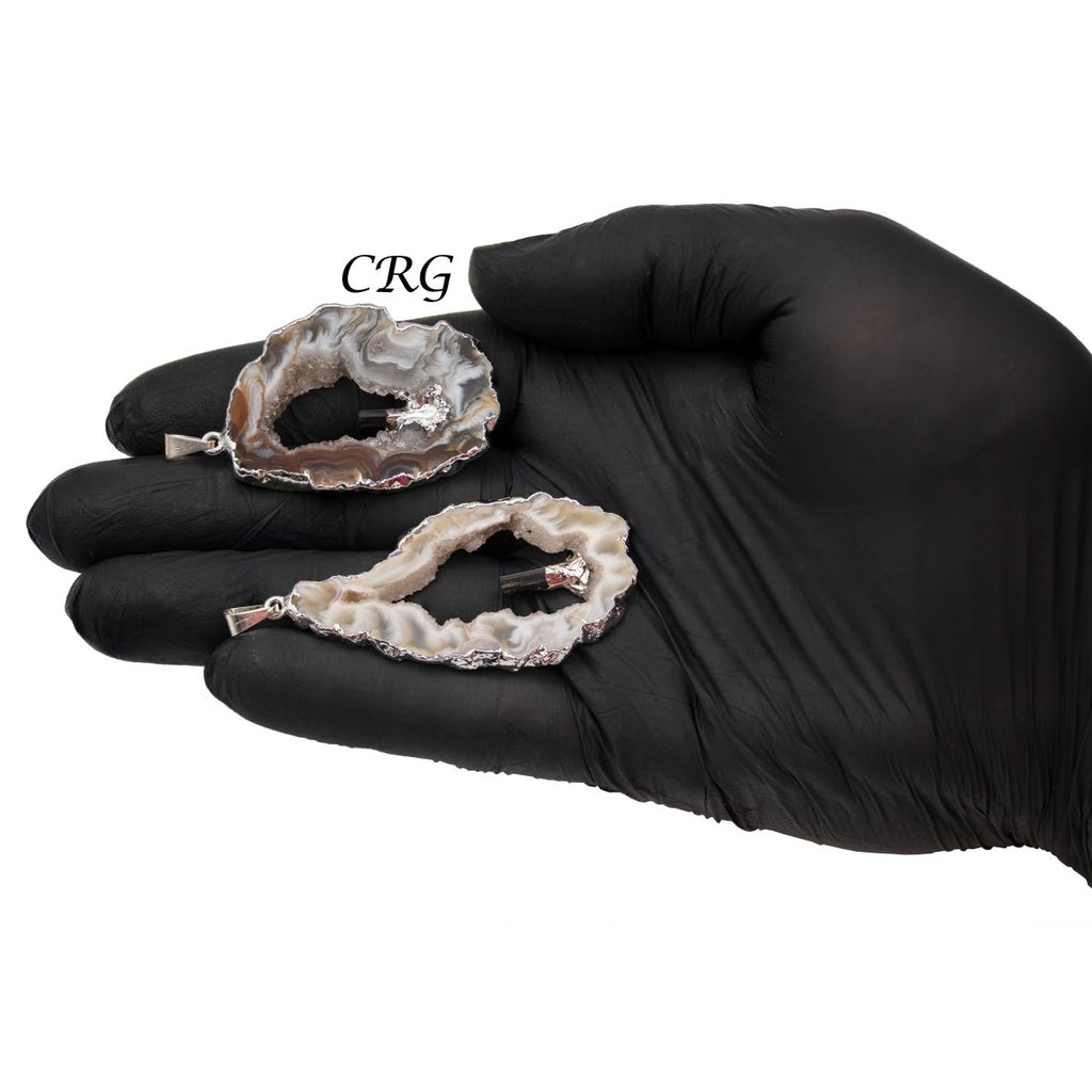Oco Geode and Black Tourmaline Pendant with Silver Plating (1.5 To 2 Inches) (4 Pieces)