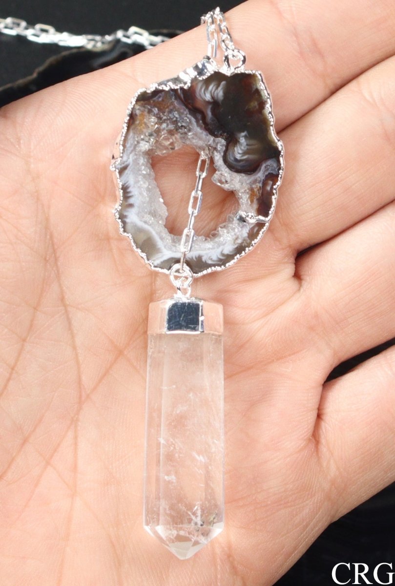 Oco Geode Necklace with Clear Quartz Point and Silver Plating (24 Inches) (1 Piece)