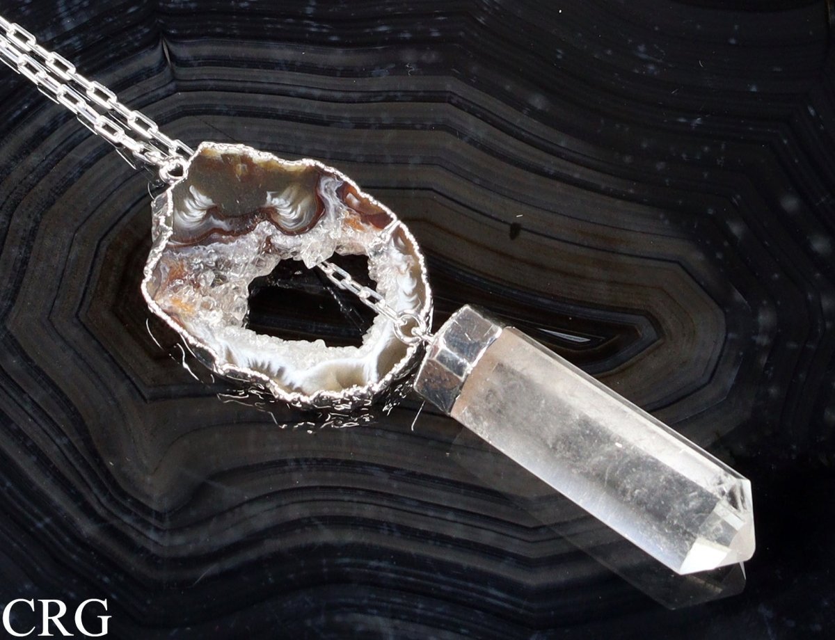 Oco Geode Necklace with Clear Quartz Point and Silver Plating (24 Inches) (1 Piece)