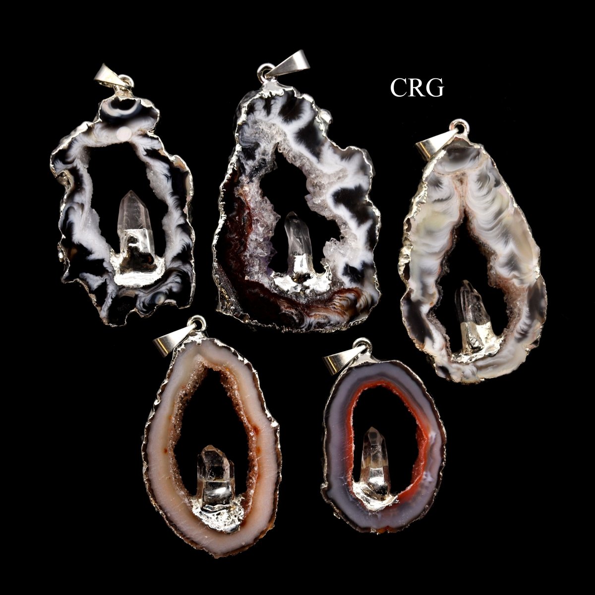 Oco Geode Slice and Quartz Point Pendant with Silver Plating (1.5 To 2 Inches) (4 Pieces)