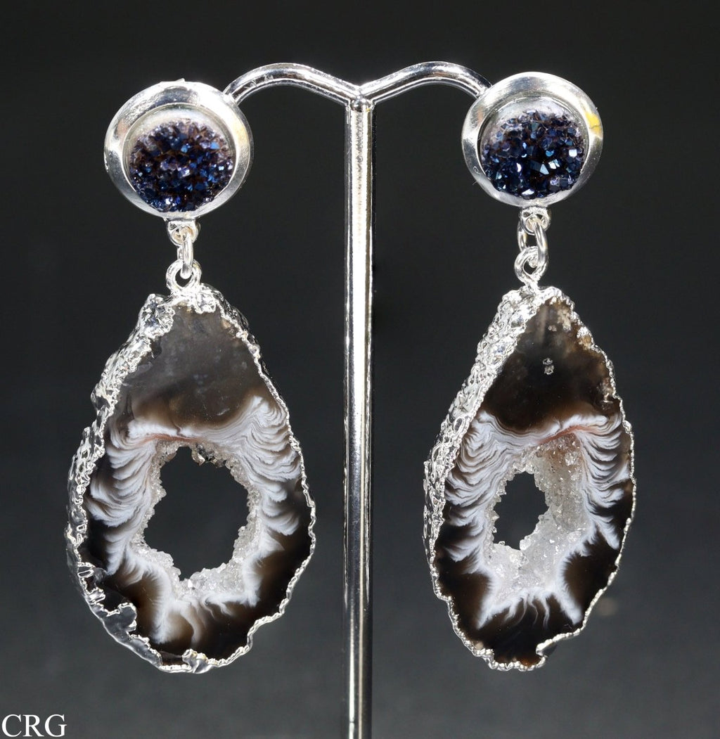 Oco Geode Slice Earrings with Silver Plating and Titanium Aura Amethyst (2 Inches) (1 Pair)