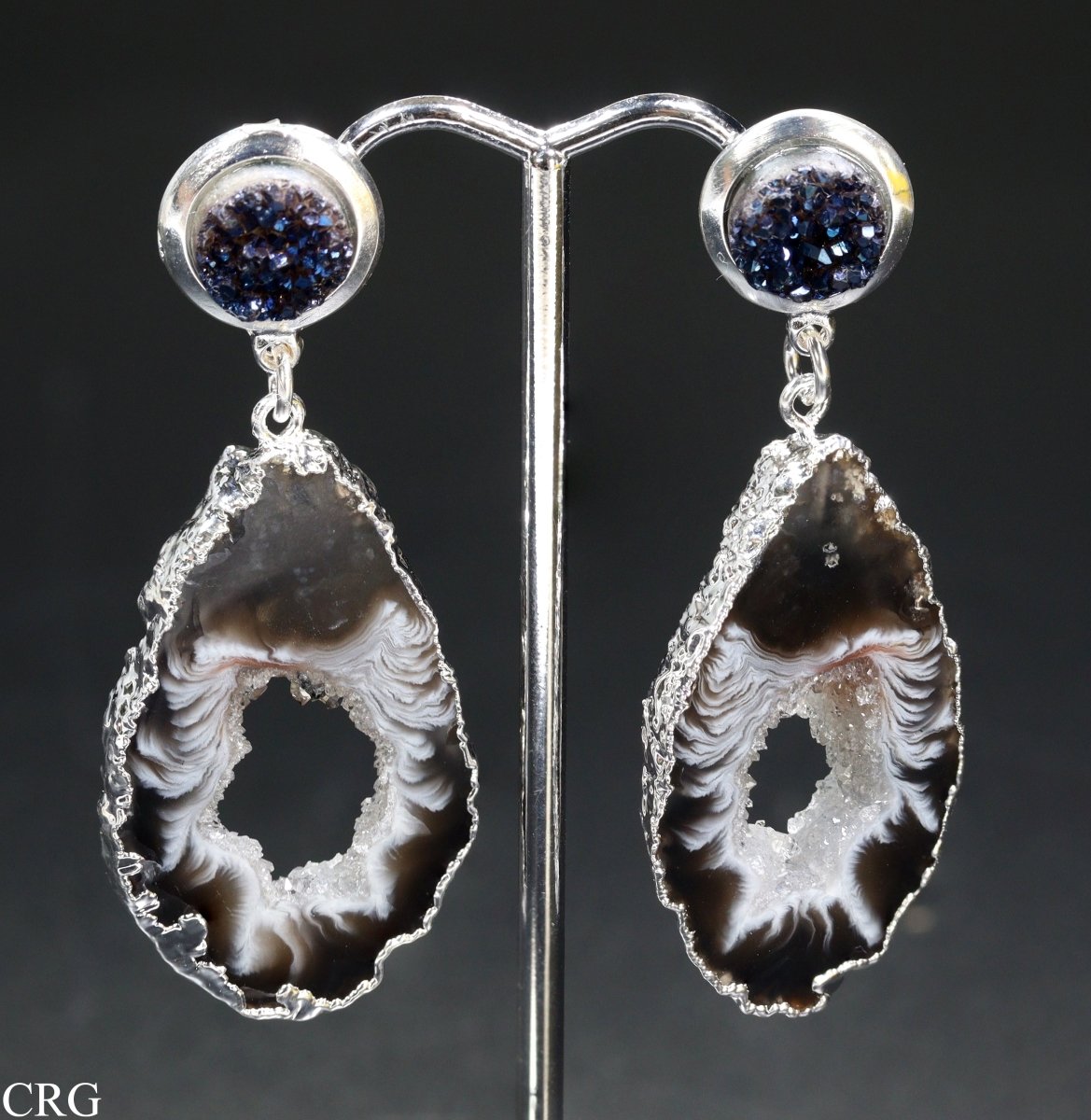 Oco Geode Slice Earrings with Silver Plating and Titanium Aura Amethyst (2 Inches) (1 Pair)