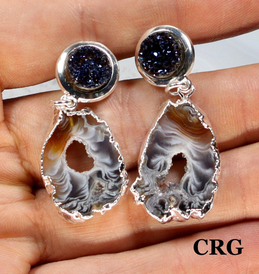 Oco Geode Slice Earrings with Silver Plating and Titanium Aura Amethyst (2 Inches) (1 Pair)