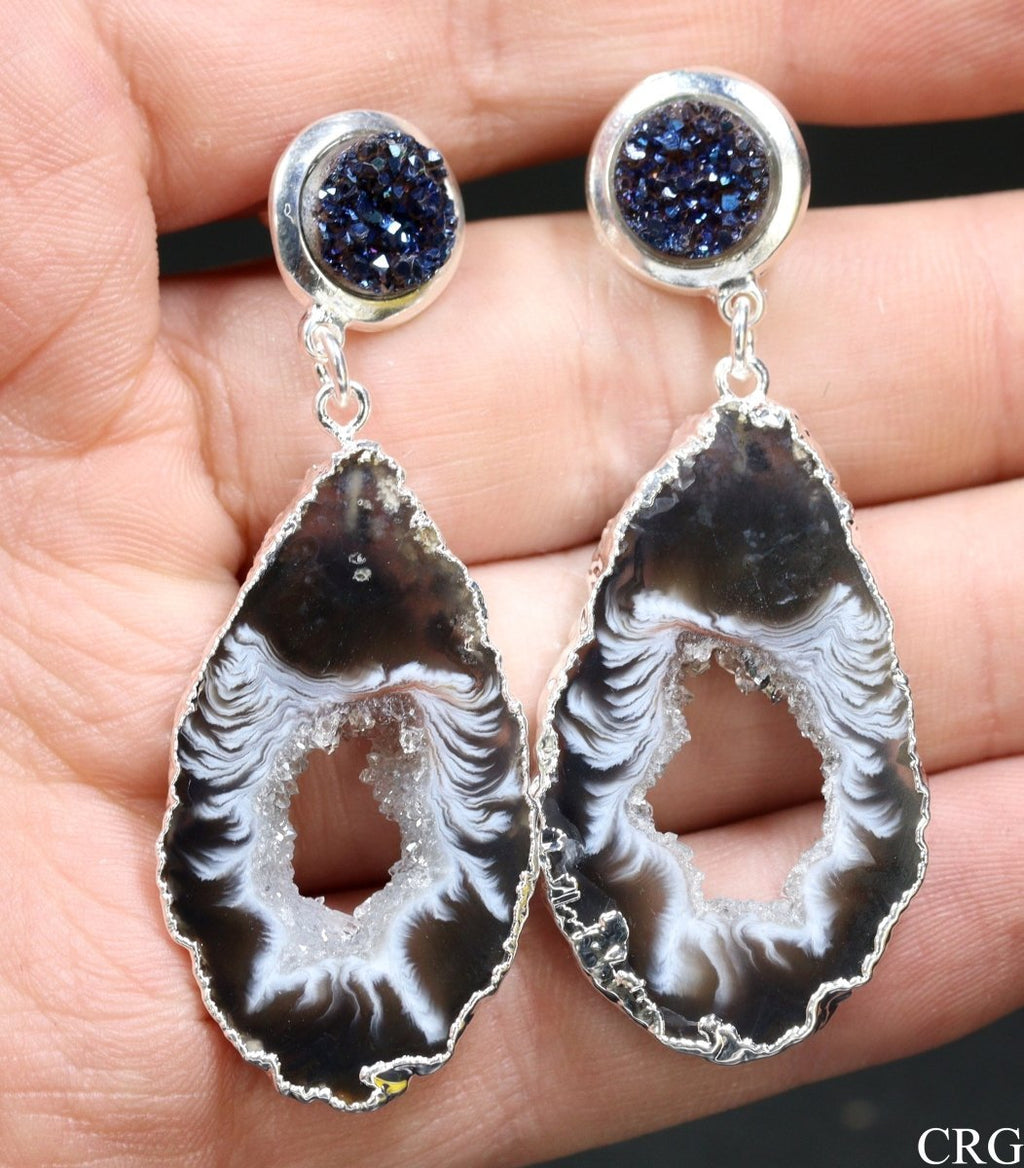 Oco Geode Slice Earrings with Silver Plating and Titanium Aura Amethyst (2 Inches) (1 Pair)
