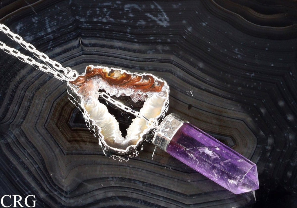 Oco Geode Slice Necklace with Amethyst Point and Silver Plating (32 Inches) (1 Piece)