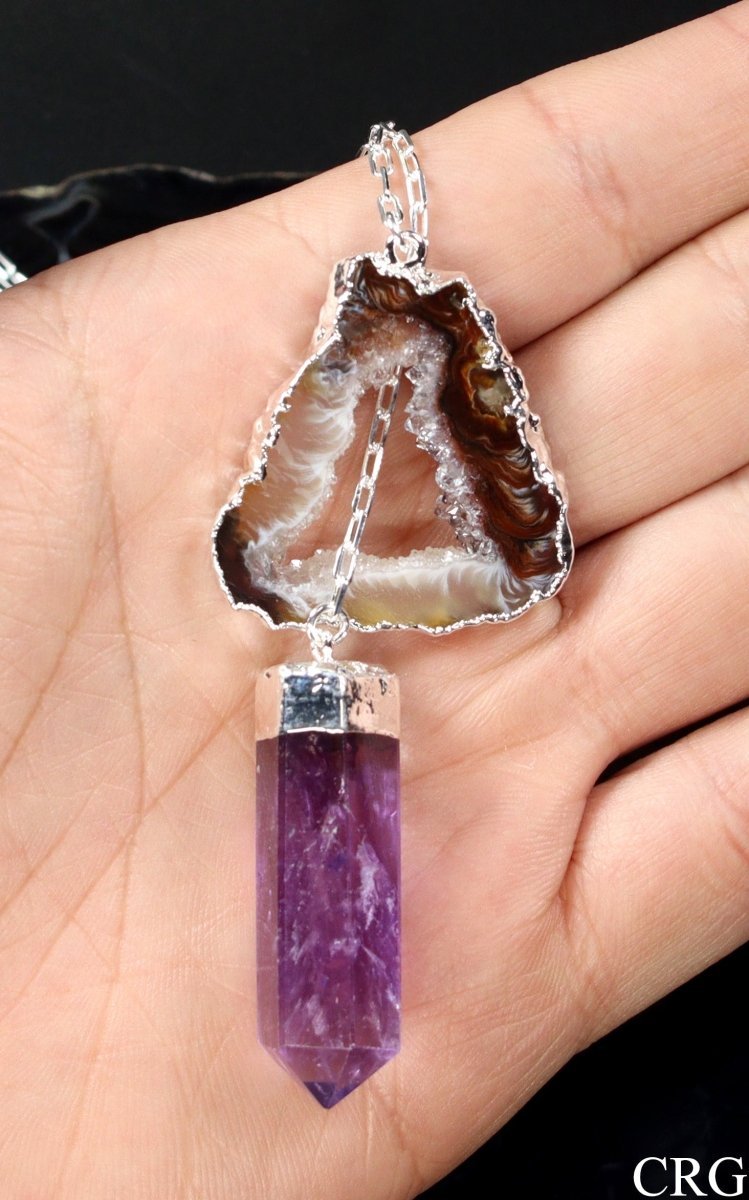 Oco Geode Slice Necklace with Amethyst Point and Silver Plating (32 Inches) (1 Piece)