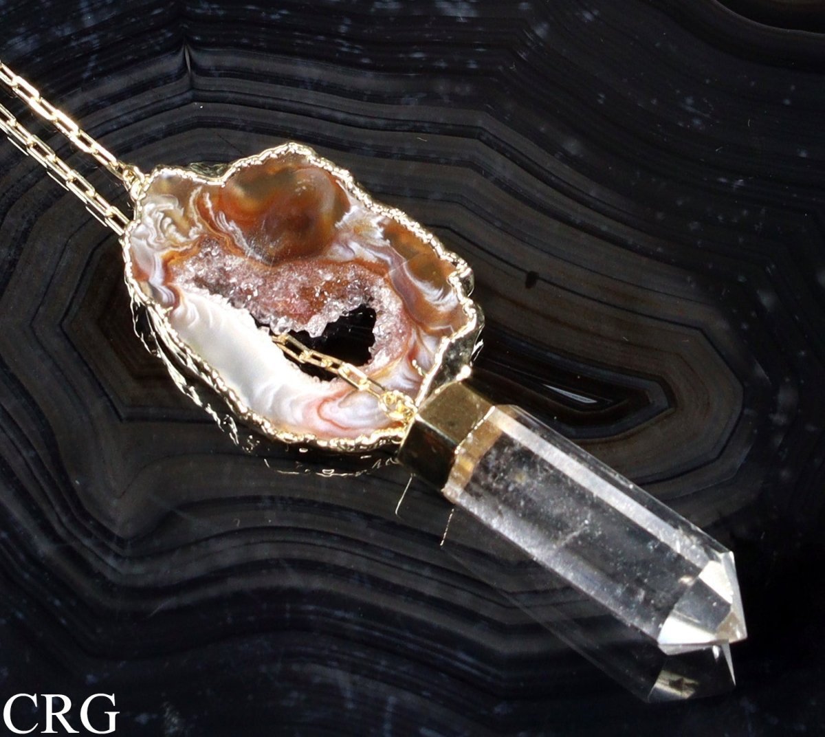Oco Geode Slice Necklace with Clear Quartz Point and Gold Plating (24 Inches) (1 Piece)