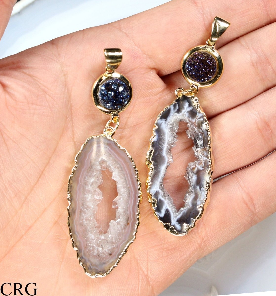 Oco Geode Slice Pendant (2.75 Inches) (1 Pc) Gold-Plated Titanium Aura Druzy Crystal Charm