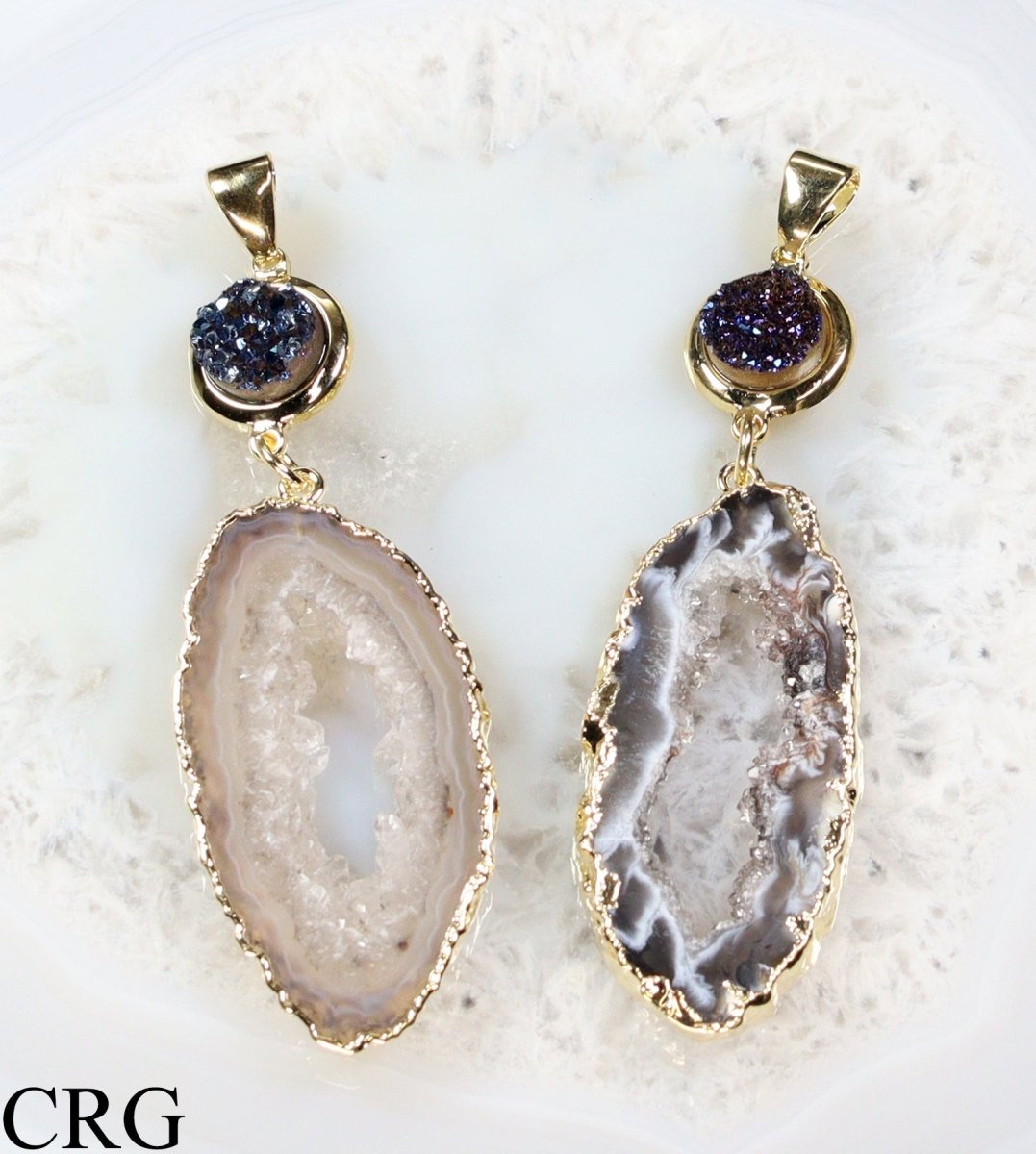 Oco Geode Slice Pendant (2.75 Inches) (1 Pc) Gold-Plated Titanium Aura Druzy Crystal Charm