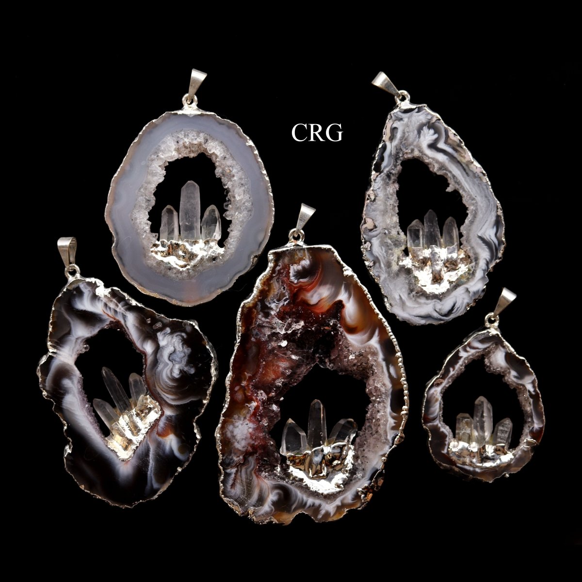 Oco Geode Slice Pendant with 3 Quartz Points and Silver Plating (4 Pieces) Size 1.5 to 3 Inches Crystal Jewelry Charm