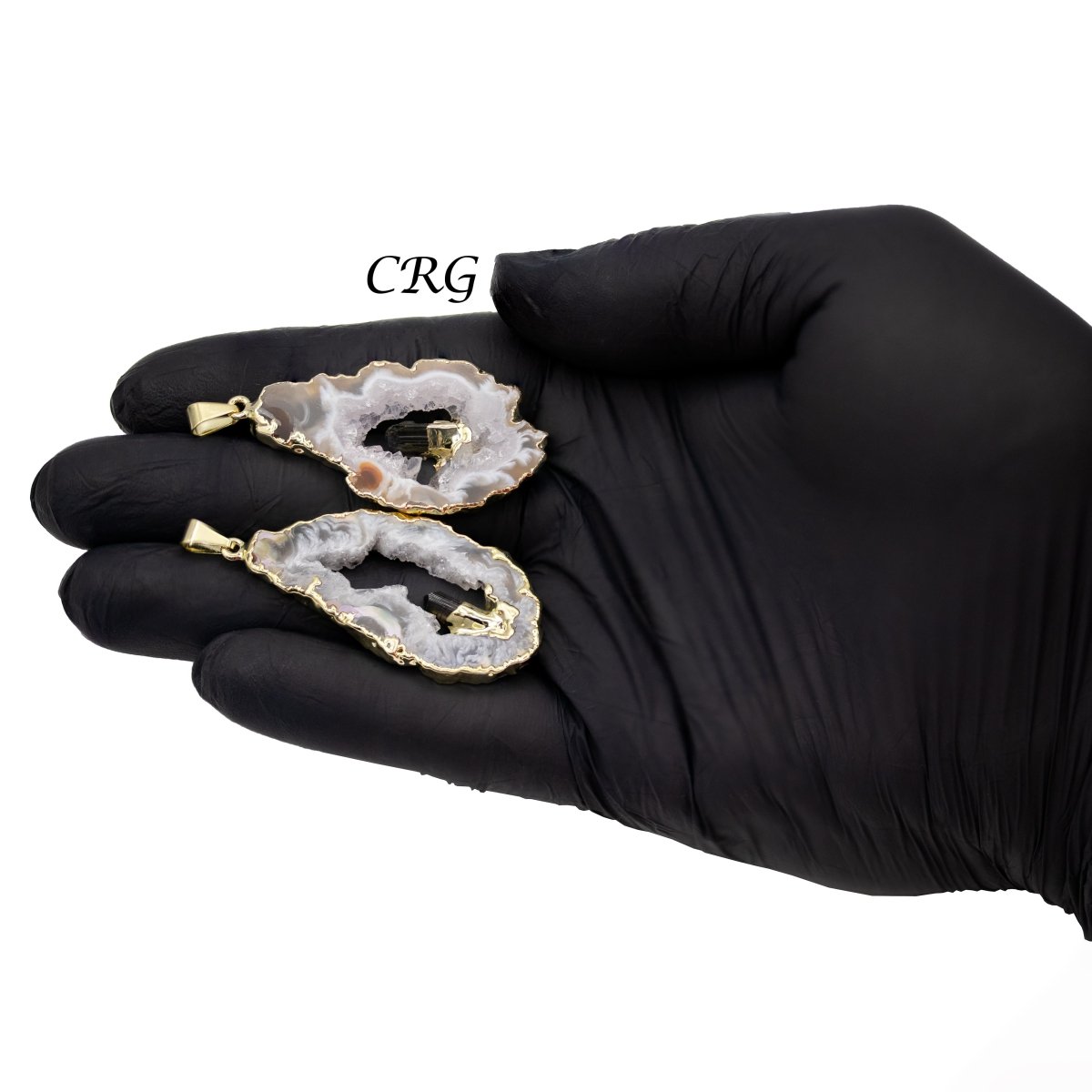 Oco Geode and Black Tourmaline Pendant with Gold Plating (1 To 2 Inches) (4 Pieces)