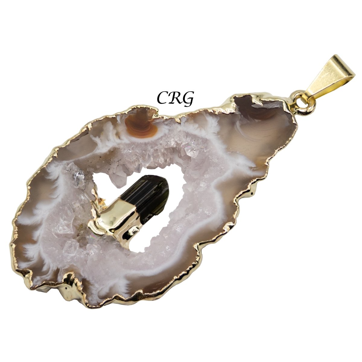Oco Geode and Black Tourmaline Pendant with Gold Plating (1 To 2 Inches) (4 Pieces)