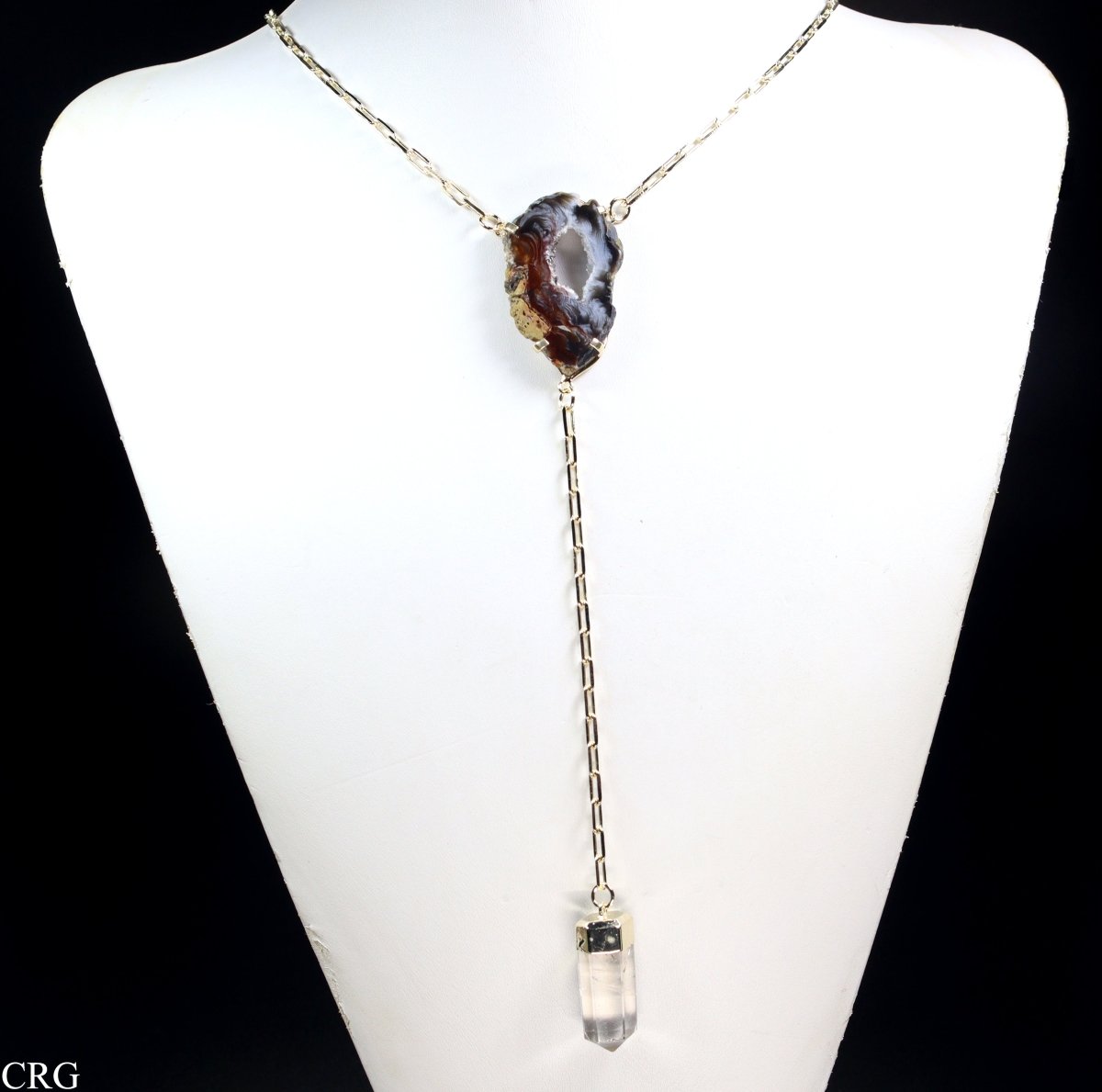 Oco Geode Slice Y Chain Gold Plated Necklace with Quartz Point (24 Inches) (1 Piece)