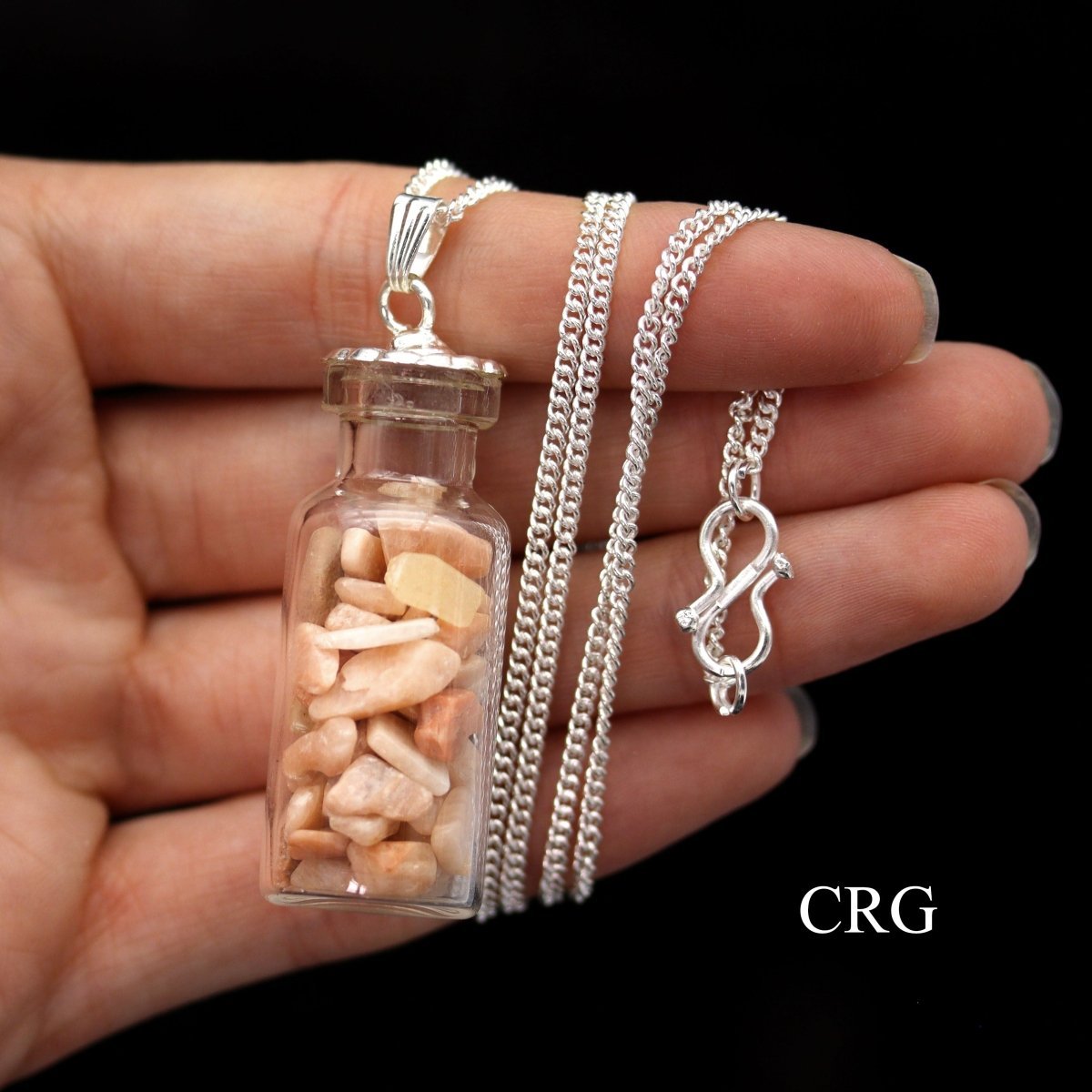 Peach Moonstone Chip Bottle Pendant with Silver Plated Necklace (2 Inches) (1 Piece) (INJD)