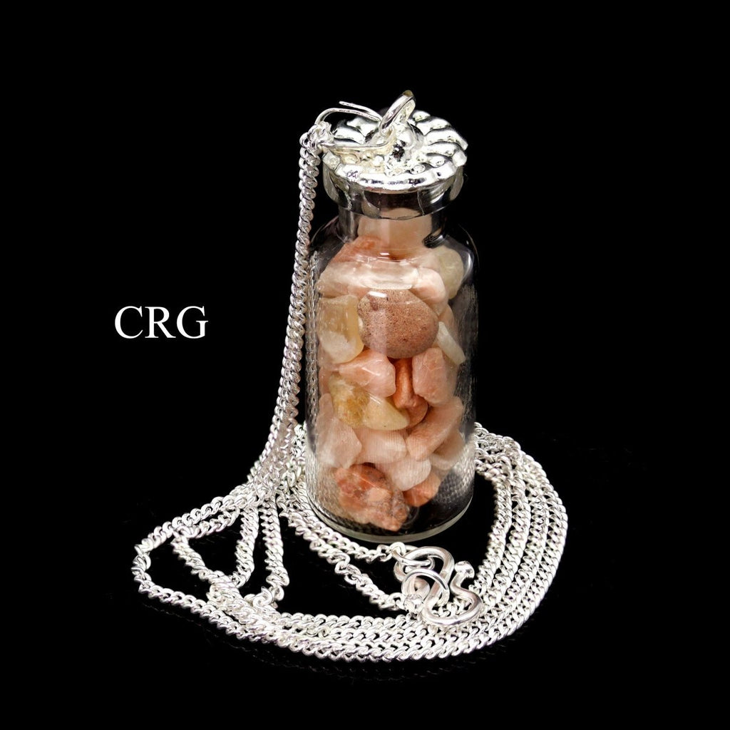 Peach Moonstone Chip Bottle Pendant with Silver Plated Necklace (2 Inches) (1 Piece) (INJD)