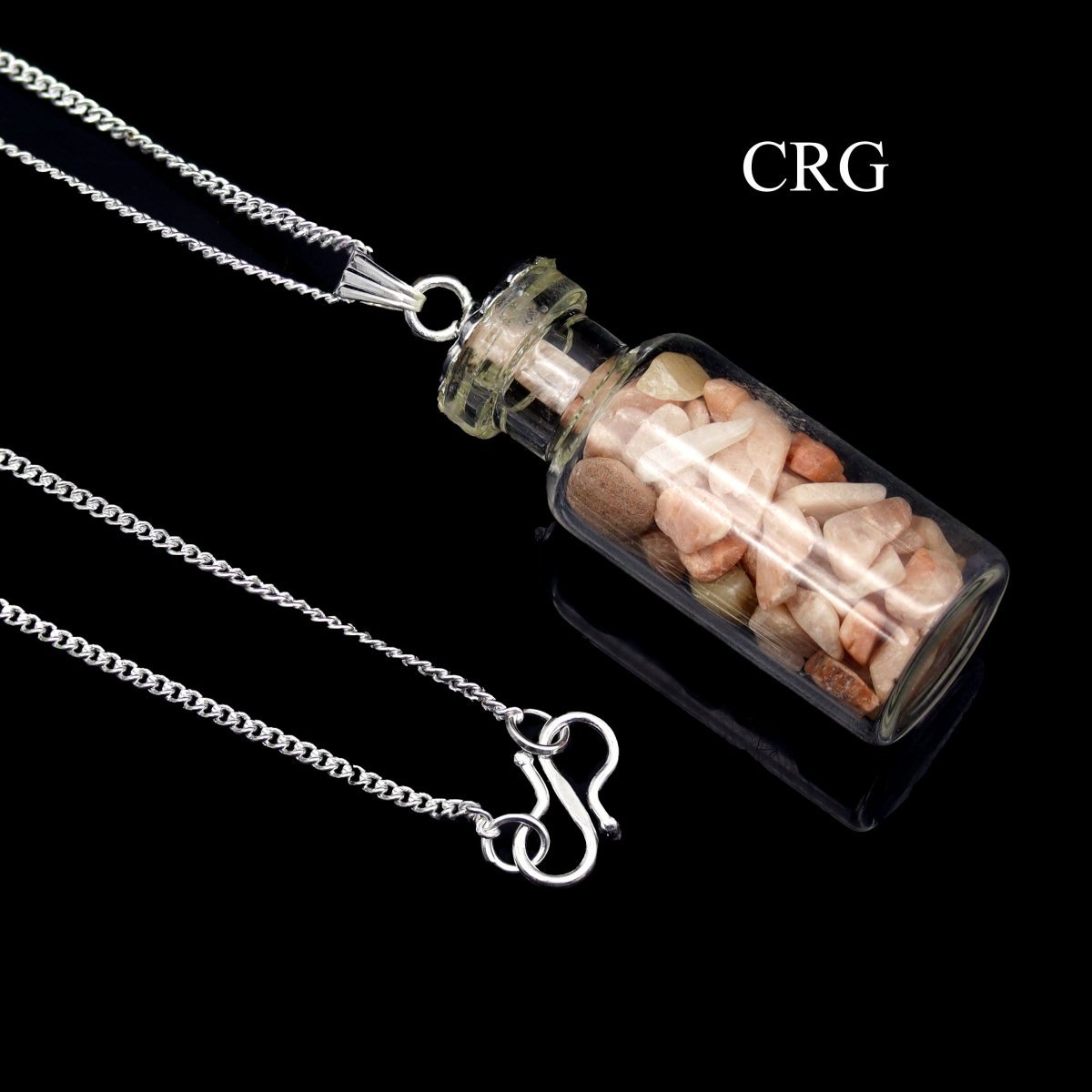 Peach Moonstone Chip Bottle Pendant with Silver Plated Necklace (2 Inches) (1 Piece) (INJD)