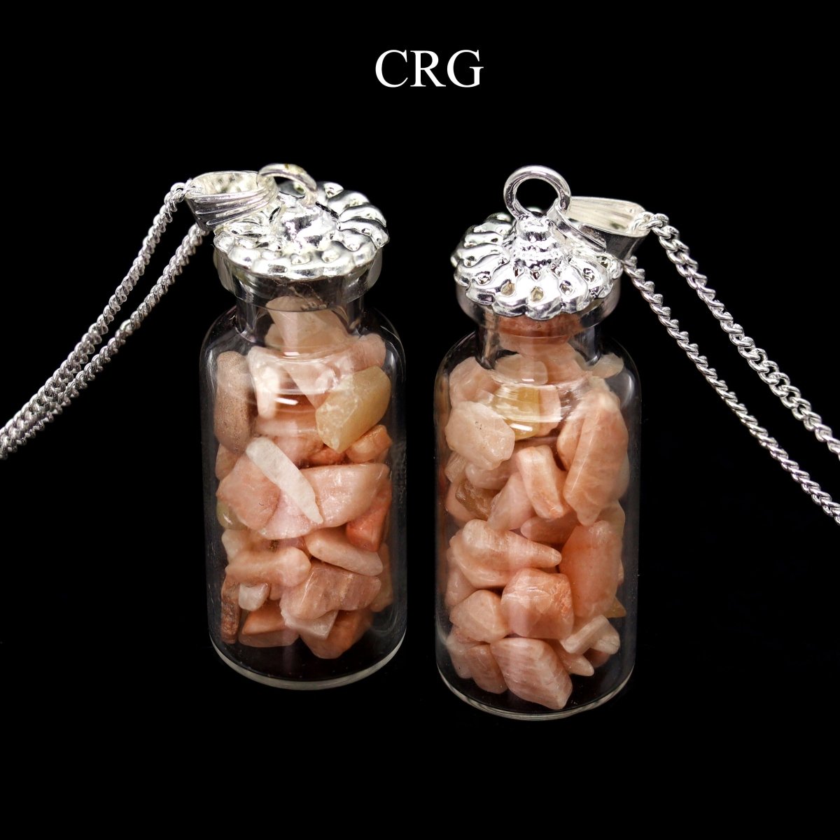 Peach Moonstone Chip Bottle Pendant with Silver Plated Necklace (2 Inches) (1 Piece) (INJD)