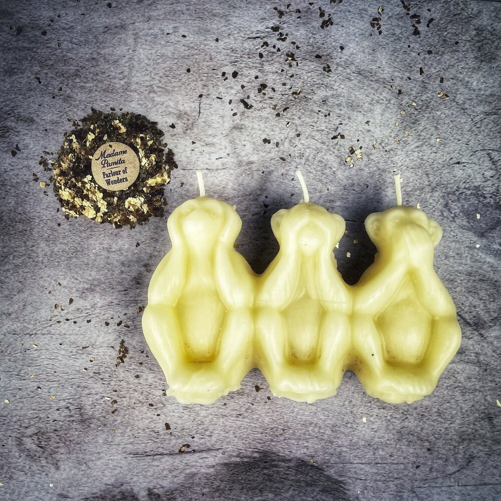 Beeswax Three Wise Monkeys Spell Candle - Stop Jealous Gossip & Silence Enemies Magic