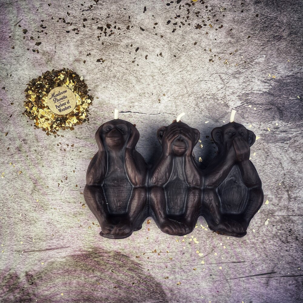 Beeswax Three Wise Monkeys Spell Candle - Stop Jealous Gossip & Silence Enemies Magic