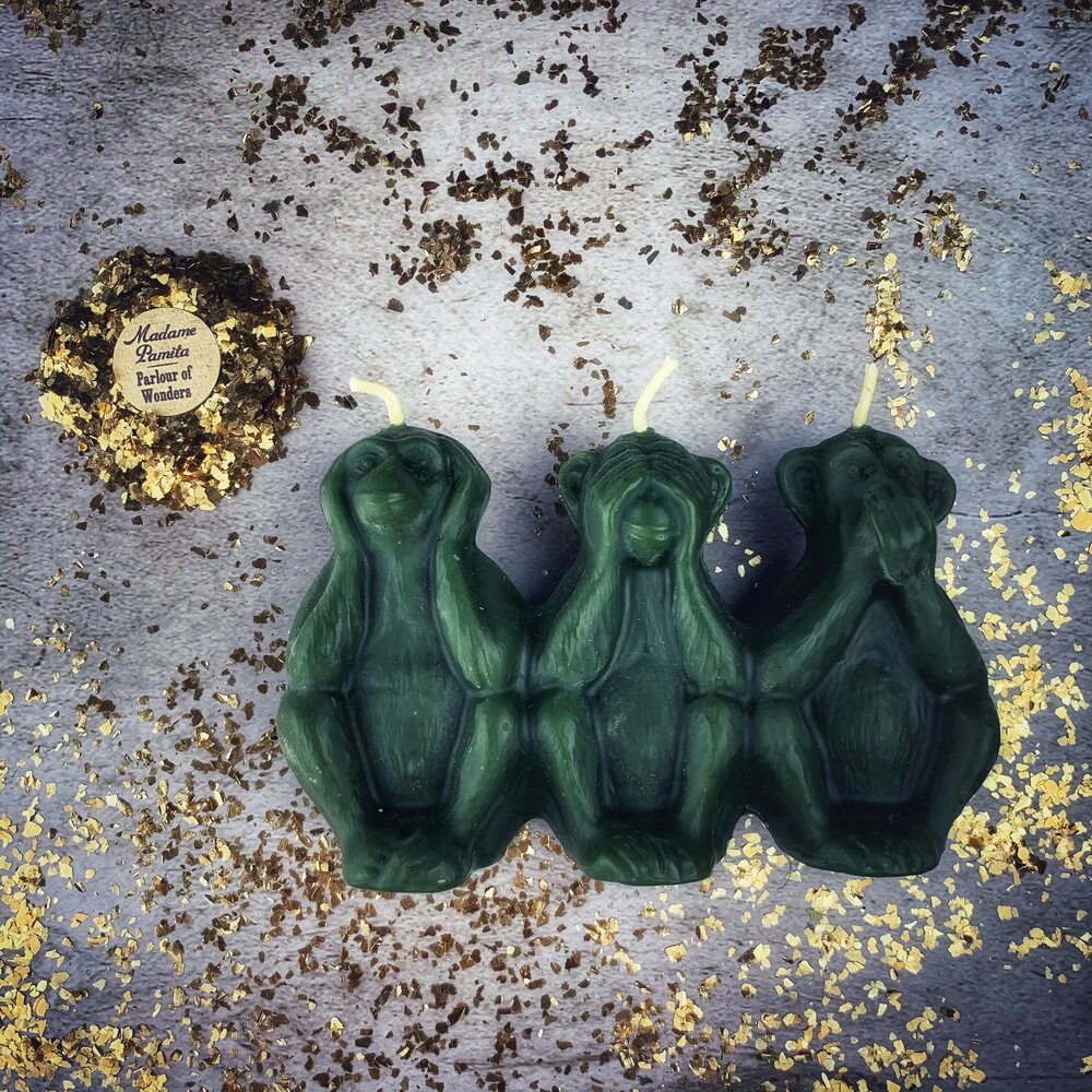 Beeswax Three Wise Monkeys Spell Candle - Stop Jealous Gossip & Silence Enemies Magic