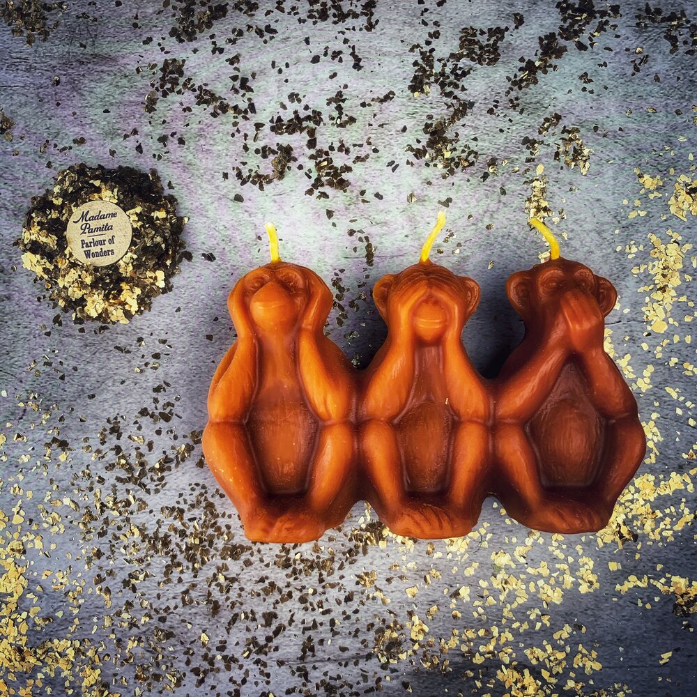 Beeswax Three Wise Monkeys Spell Candle - Stop Jealous Gossip & Silence Enemies Magic