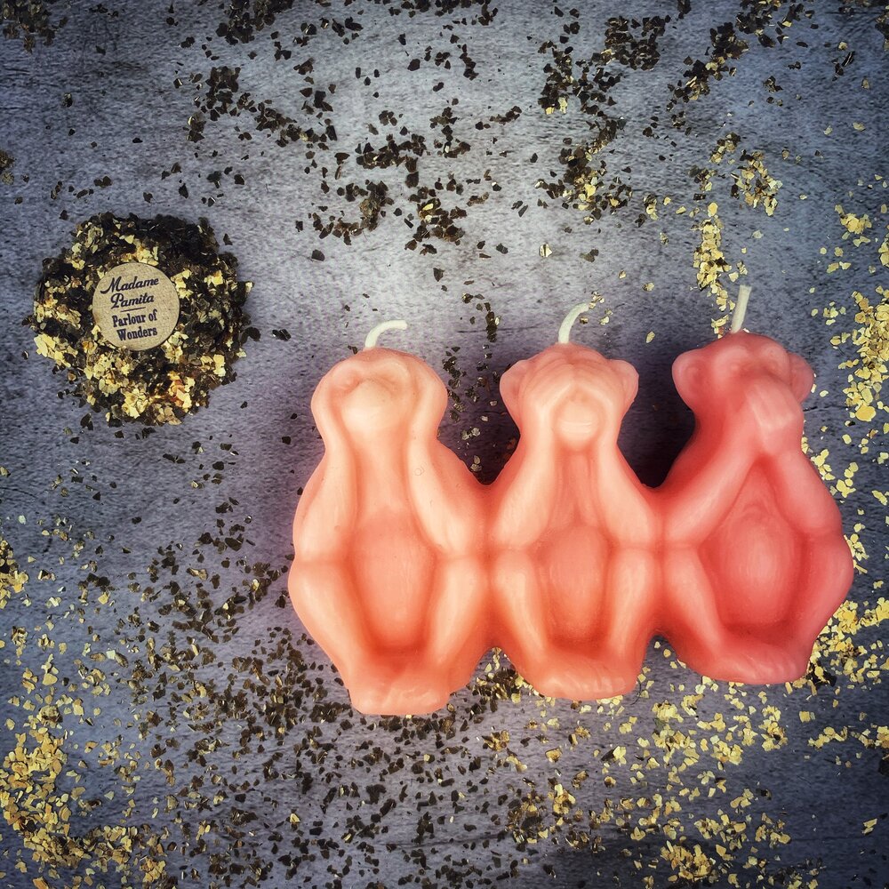 Beeswax Three Wise Monkeys Spell Candle - Stop Jealous Gossip & Silence Enemies Magic