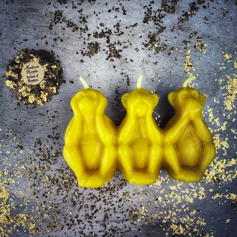 Beeswax Three Wise Monkeys Spell Candle - Stop Jealous Gossip & Silence Enemies Magic