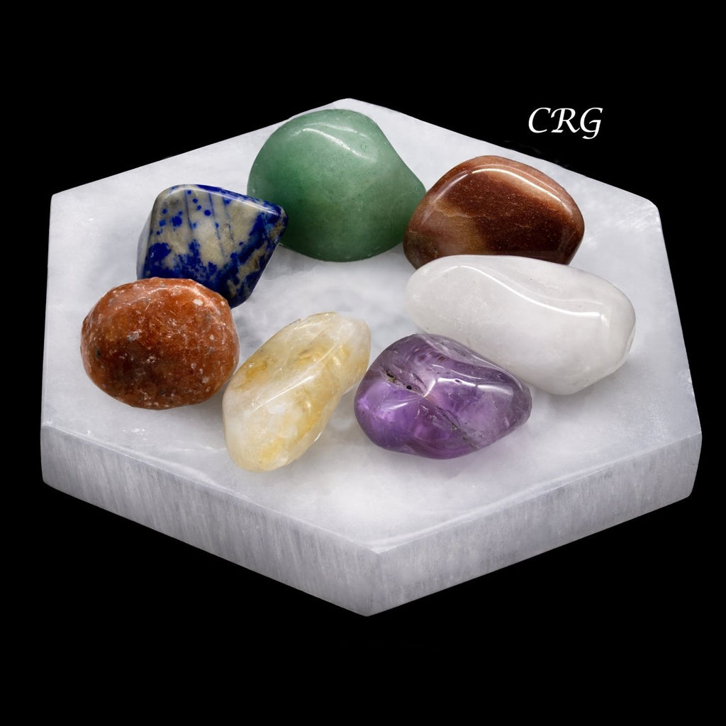7 Stone Tumbled Set with Selenite Hexagon Plate (1 Piece)