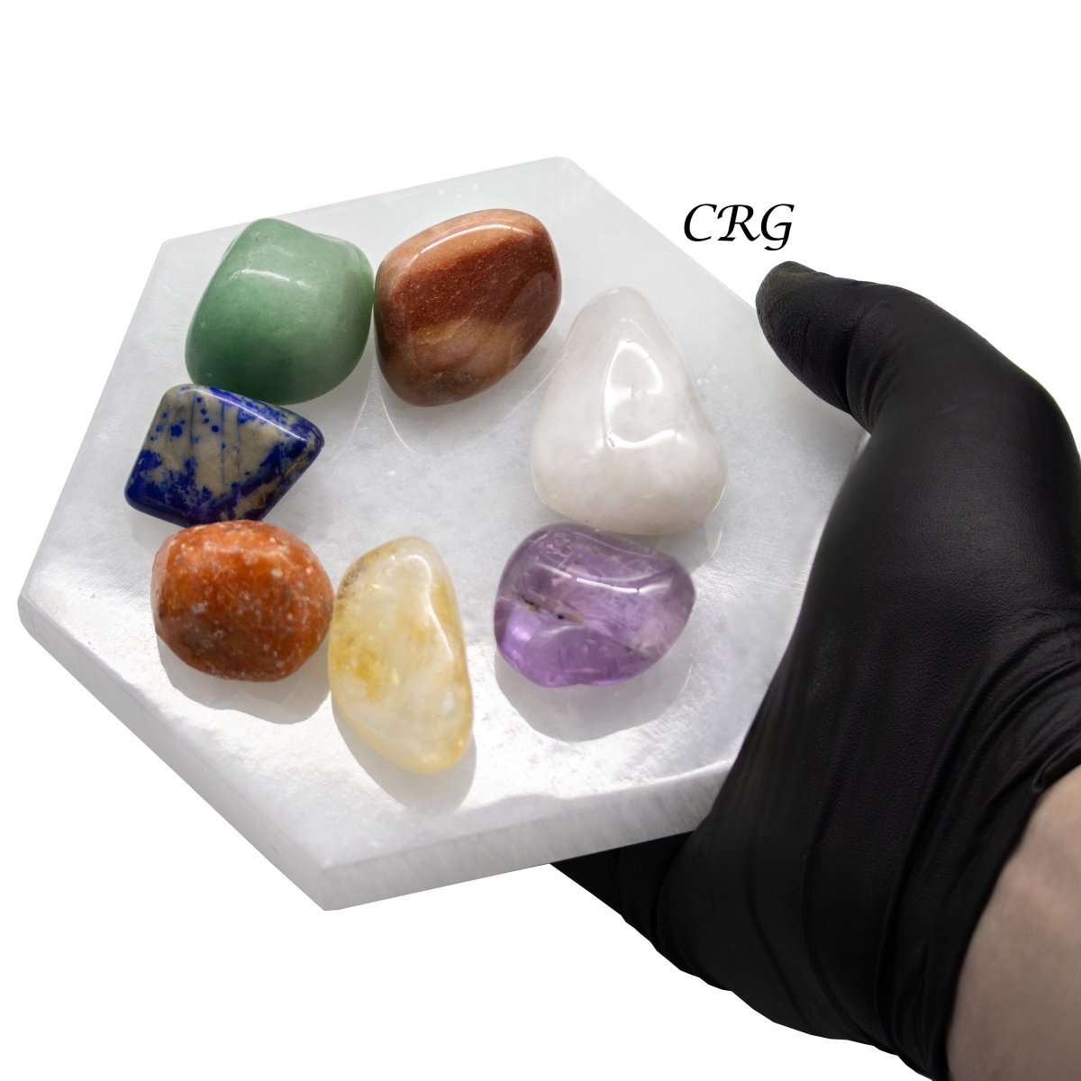 7 Stone Tumbled Set with Selenite Hexagon Plate (1 Piece)