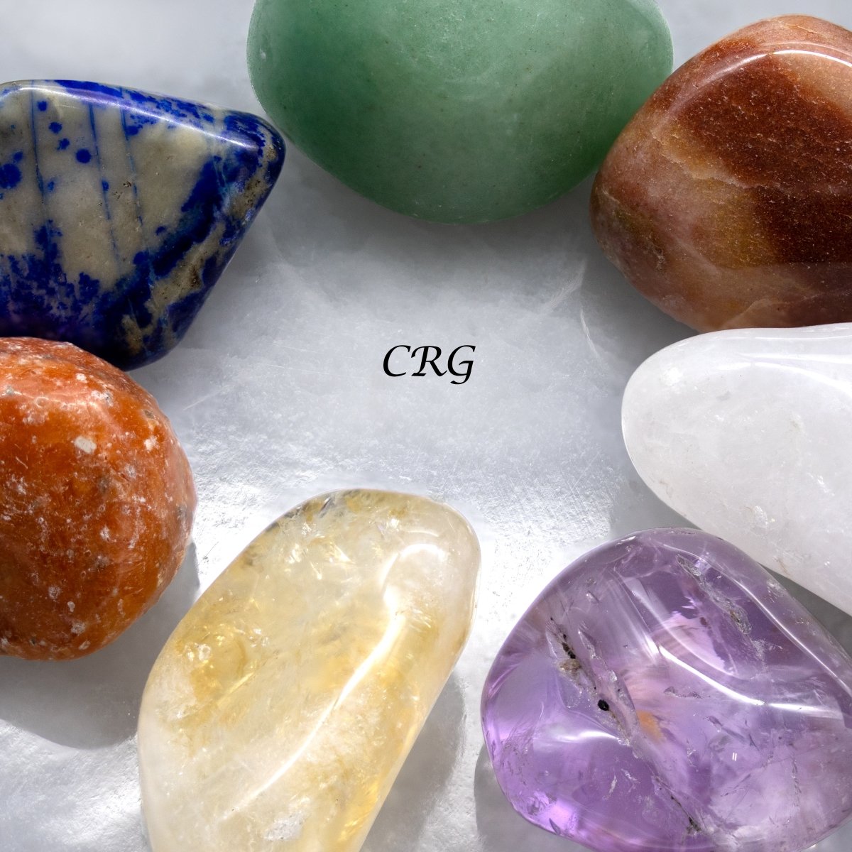 7 Stone Tumbled Set with Selenite Hexagon Plate (1 Piece)