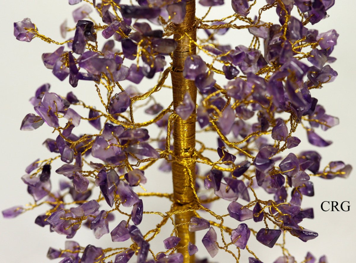 QTY 1 - Amethyst 500 Gem Tree w/ Wood Base / Gold Wire