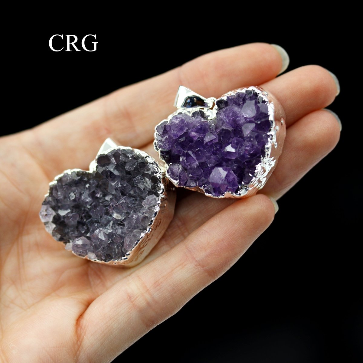 QTY 1 - Amethyst Druzy Heart Pendant with Silver Plating / 1" AVG