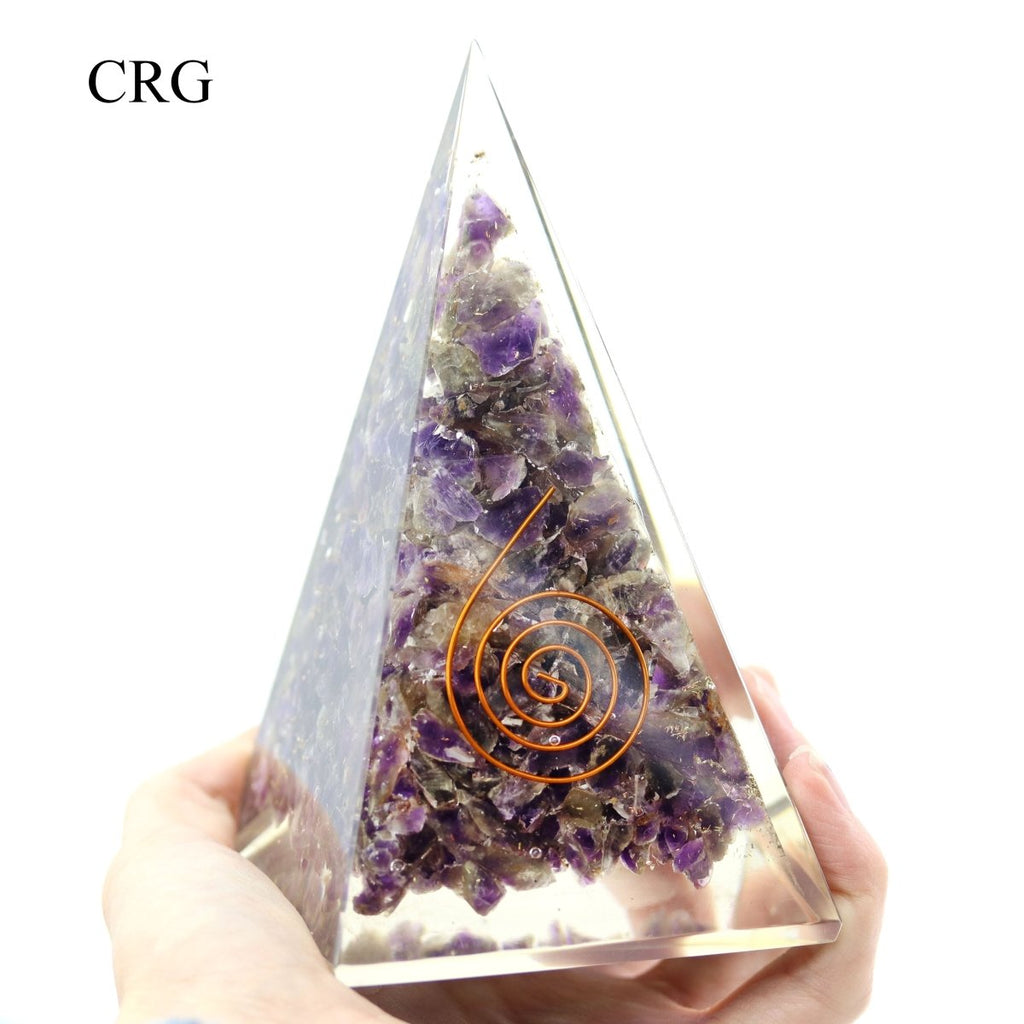 QTY 1 - Amethyst Orgonite Pyramid w/ Copper / 5" Tall AVG