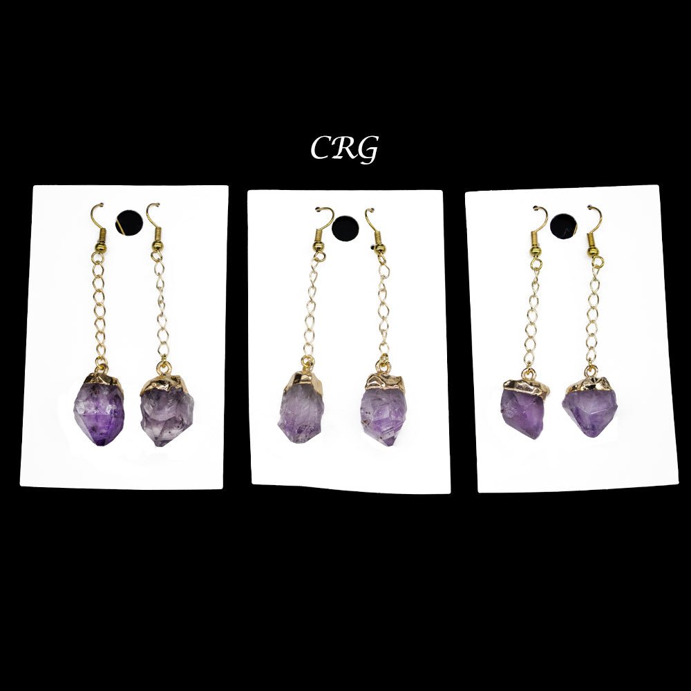 QTY 1 - Amethyst Point Earrings with Gold Plating / 1-2" AVG