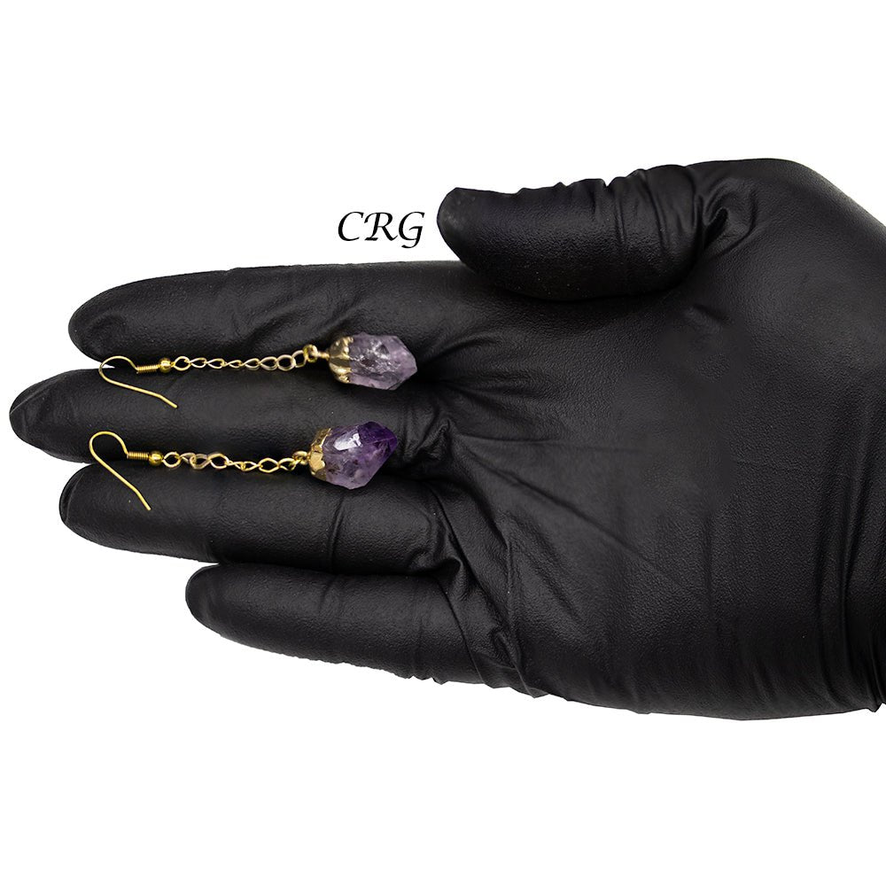 QTY 1 - Amethyst Point Earrings with Gold Plating / 1-2" AVG