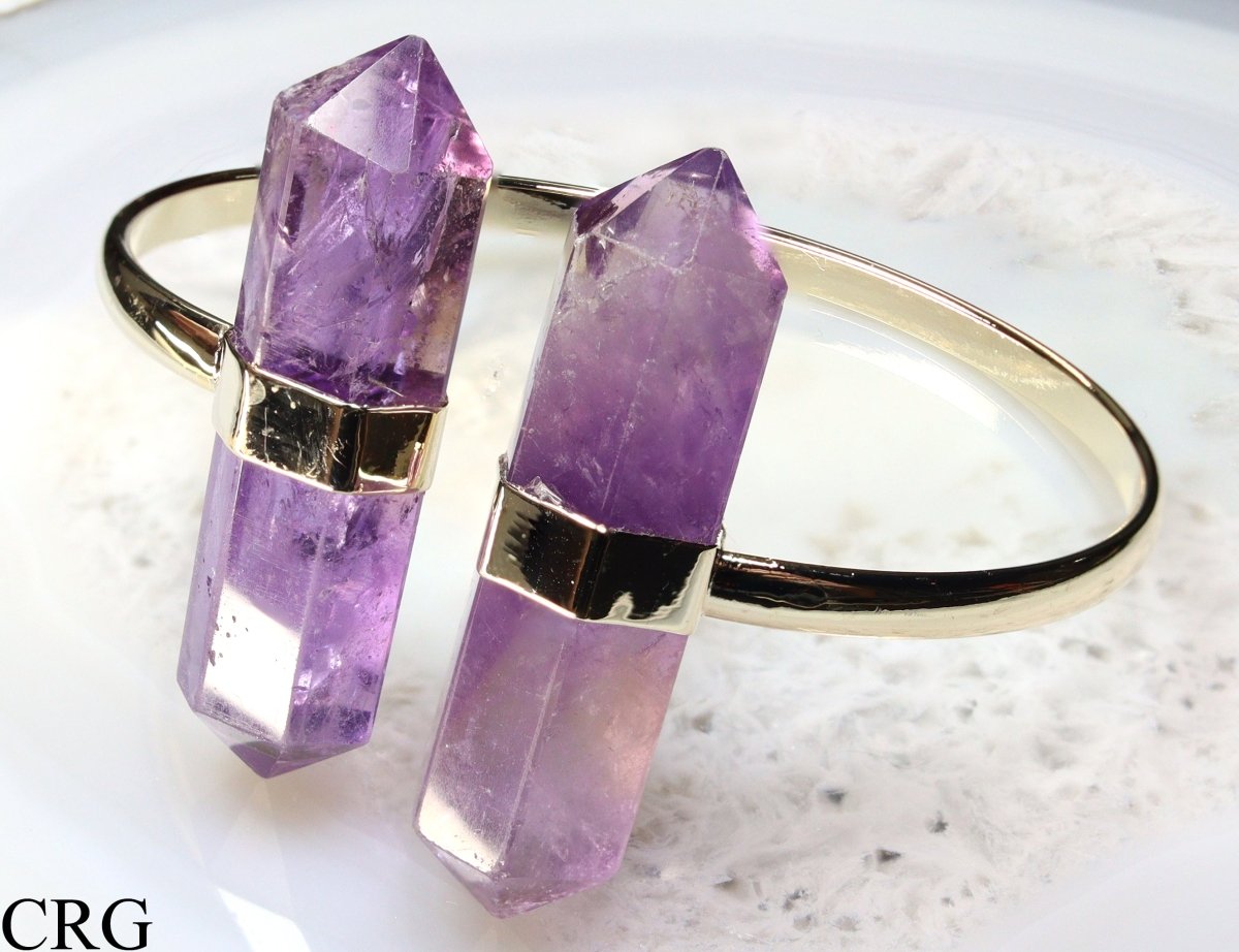 QTY 1 - Bi-terminated Amethyst Cuff Bracelet / Gold Plated