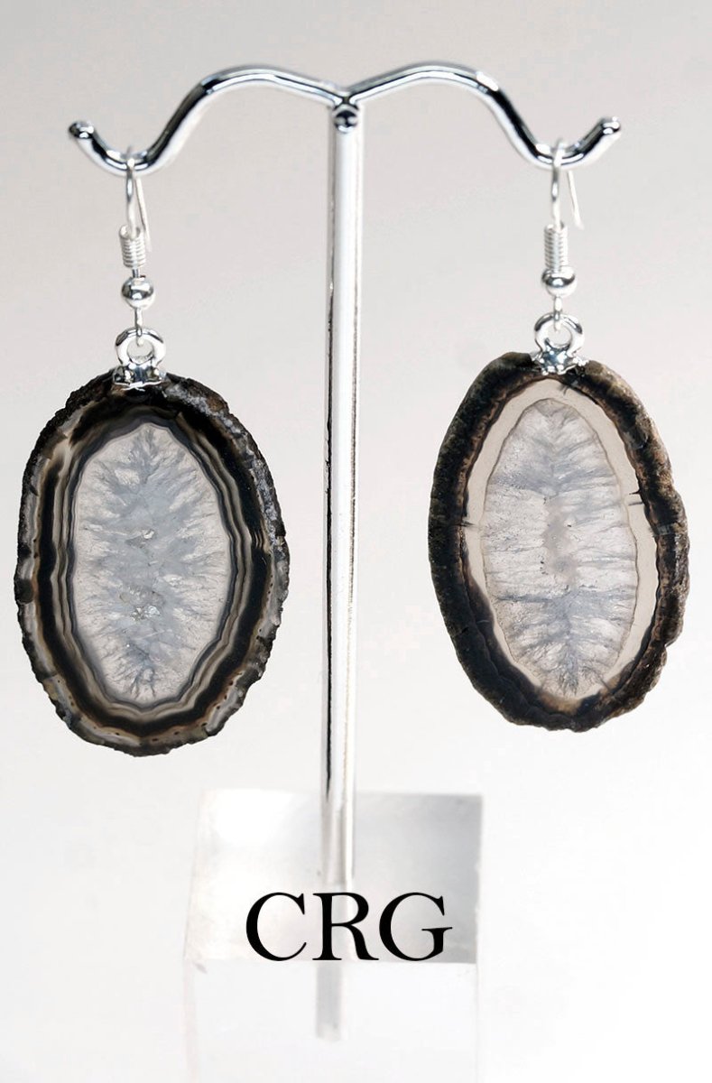 QTY 1 - Black Agate Slice Earrings with Silver Plated Ear Wire / 1-2" AVG