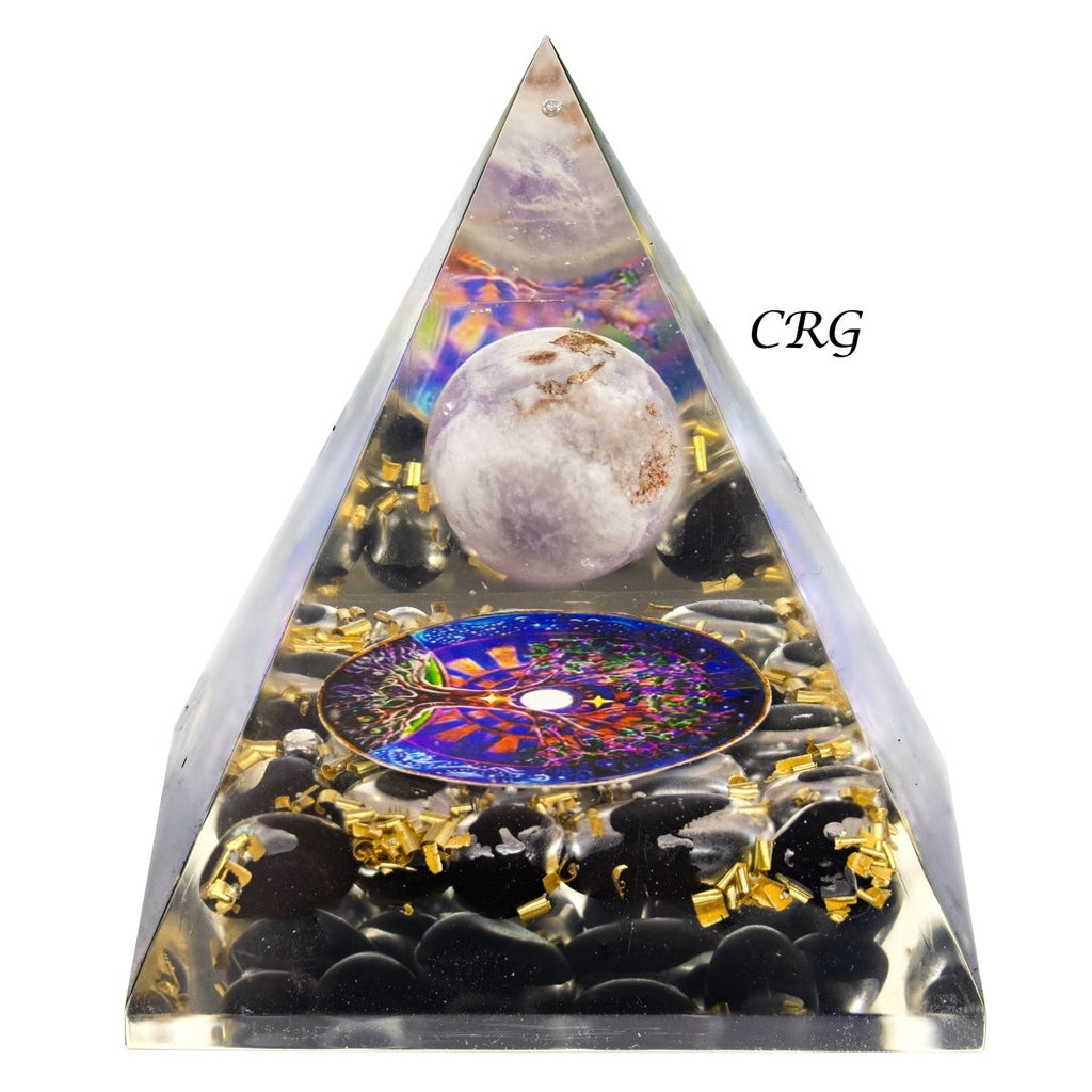 QTY 1 - Black Obsidian Orgonite Pyramid with Amethyst Sphere / 3-4" AVG