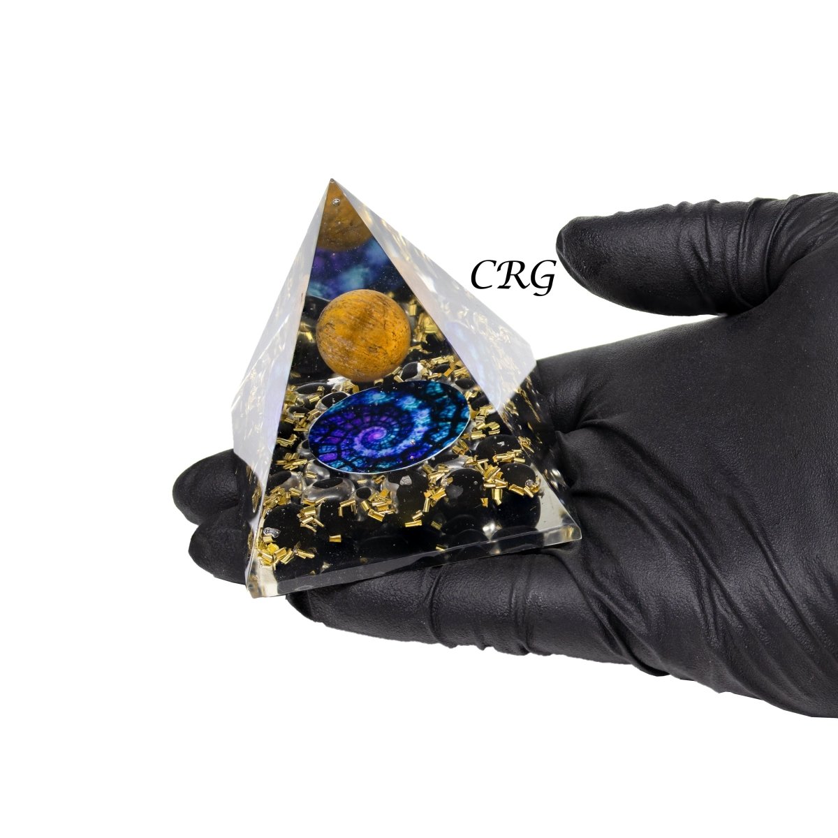 QTY 1 - Black Obsidian Orgonite Pyramid with Tiger's Eye Sphere / 3-4" AVG